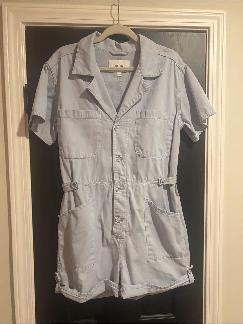 pistola Light Blue Short-Sleeve Women's One-Piece Romper with Pockets